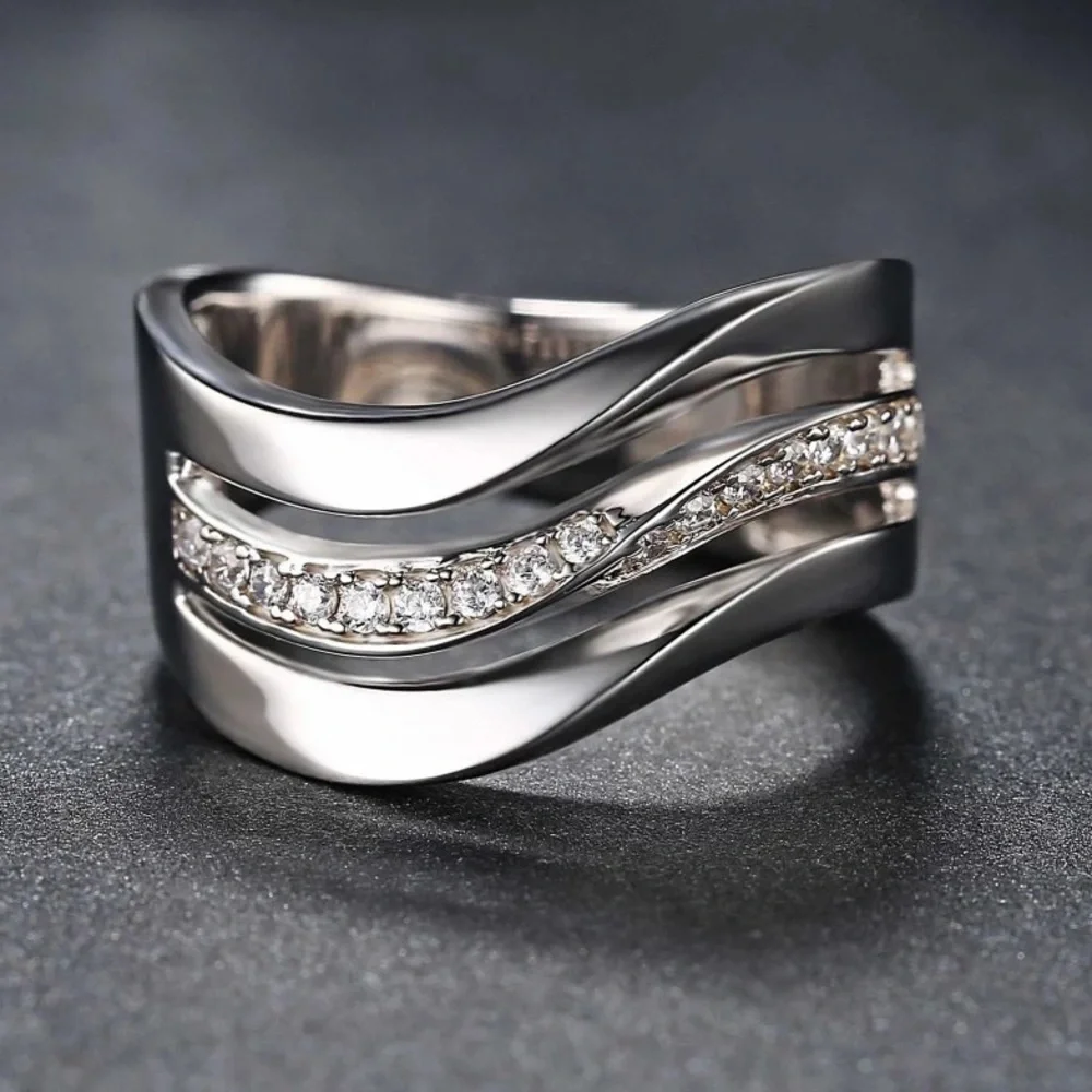 New 925 Silver Three Layers a wave Diamond Ring - Picture 1 of 6